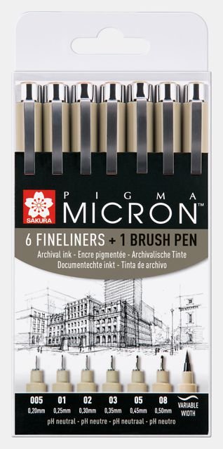 ΣΕΤ ΜΑΡΚΑΔΟΡΟΙ SAKURA PIGMA MICRON 6 ΜΕΓΕΘΗ BLACK+1 PIGMA BRUSH