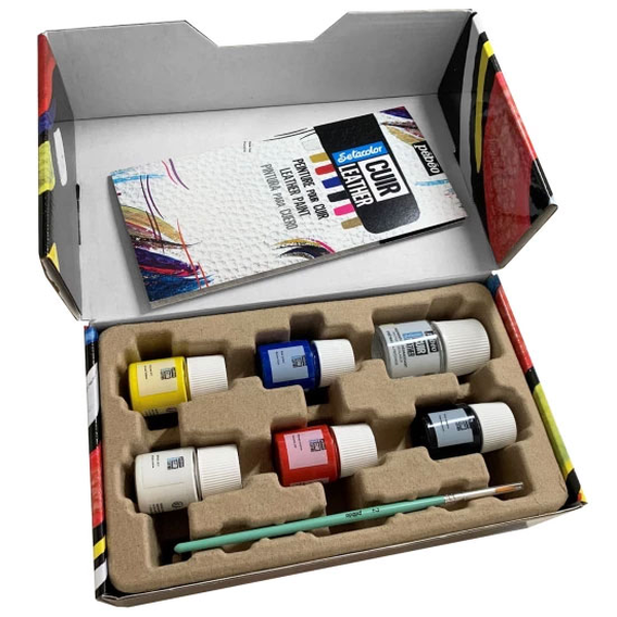 ΣΕΤ ΧΡΩΜΑΤΑ ΓΙΑ ΔΕΡΜΑ 5x20ml + Primer και πινέλο SETACOLOR LEATHER PEBEO